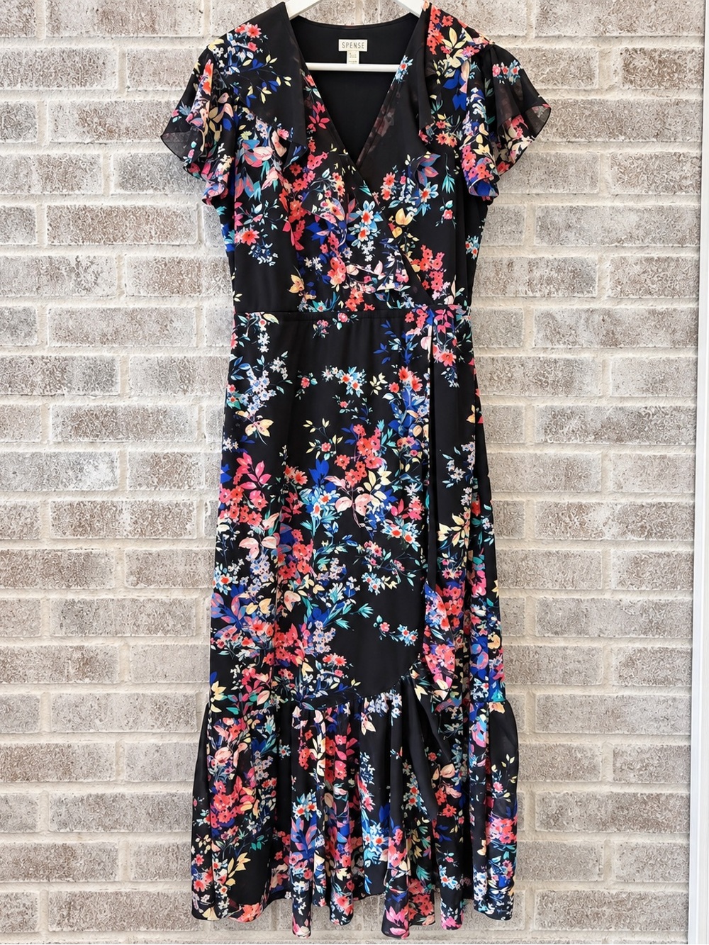 Spense Black Floral Wrap midi Dress